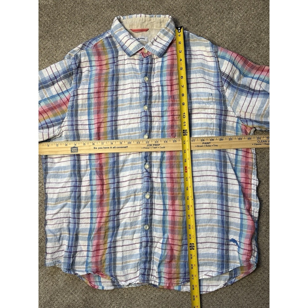 Tommy Bahama Mens L 100% Linen Button Down Shirt Plaid Short Sleeve Blue White - Picture 4 of 8